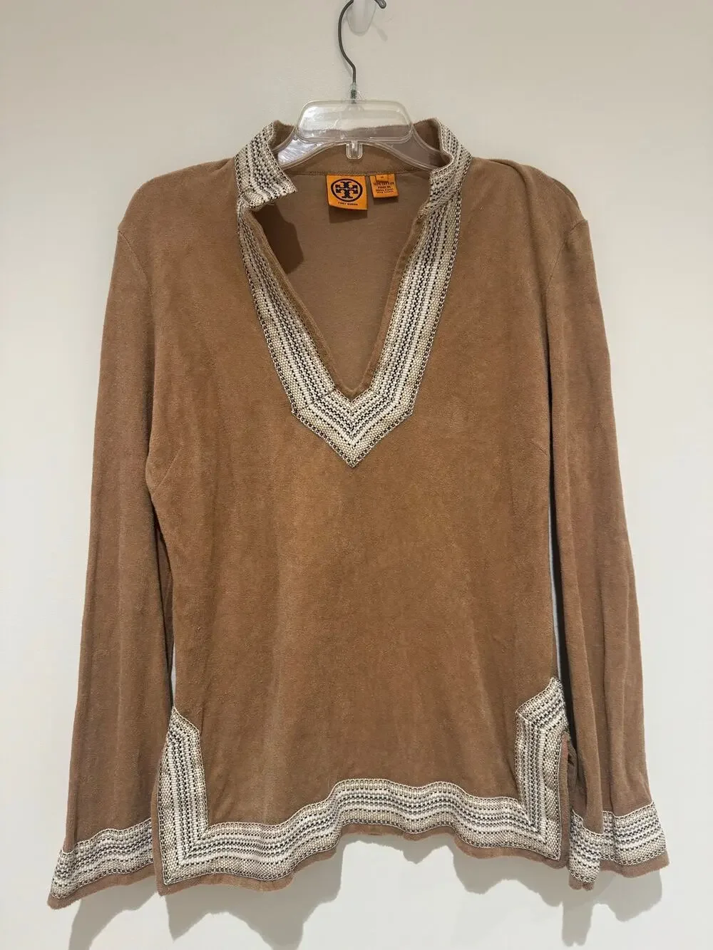 Tory Burch Brown Velour Long Sleeve V neck Tunic size Medium
